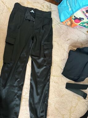 Satin black garage cargo pants